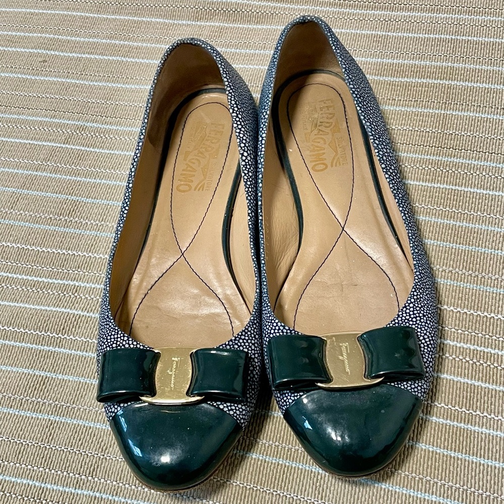 Salvatore Ferragamo Blue-Green Flats 
Lilly Pulitzer gold thong sandals. S7